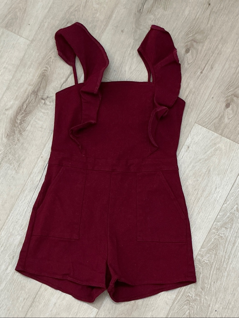 Women's Burgundy Ruffle-Strap Jean Overall Shorts